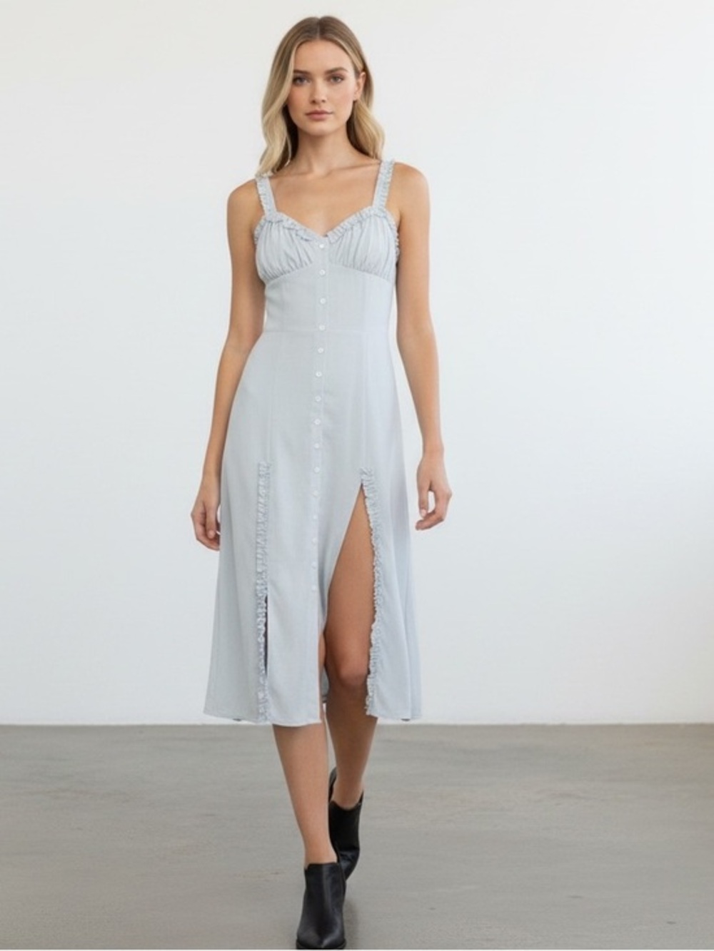 Light Blue Button-Front Midi Dress with Front Slits
